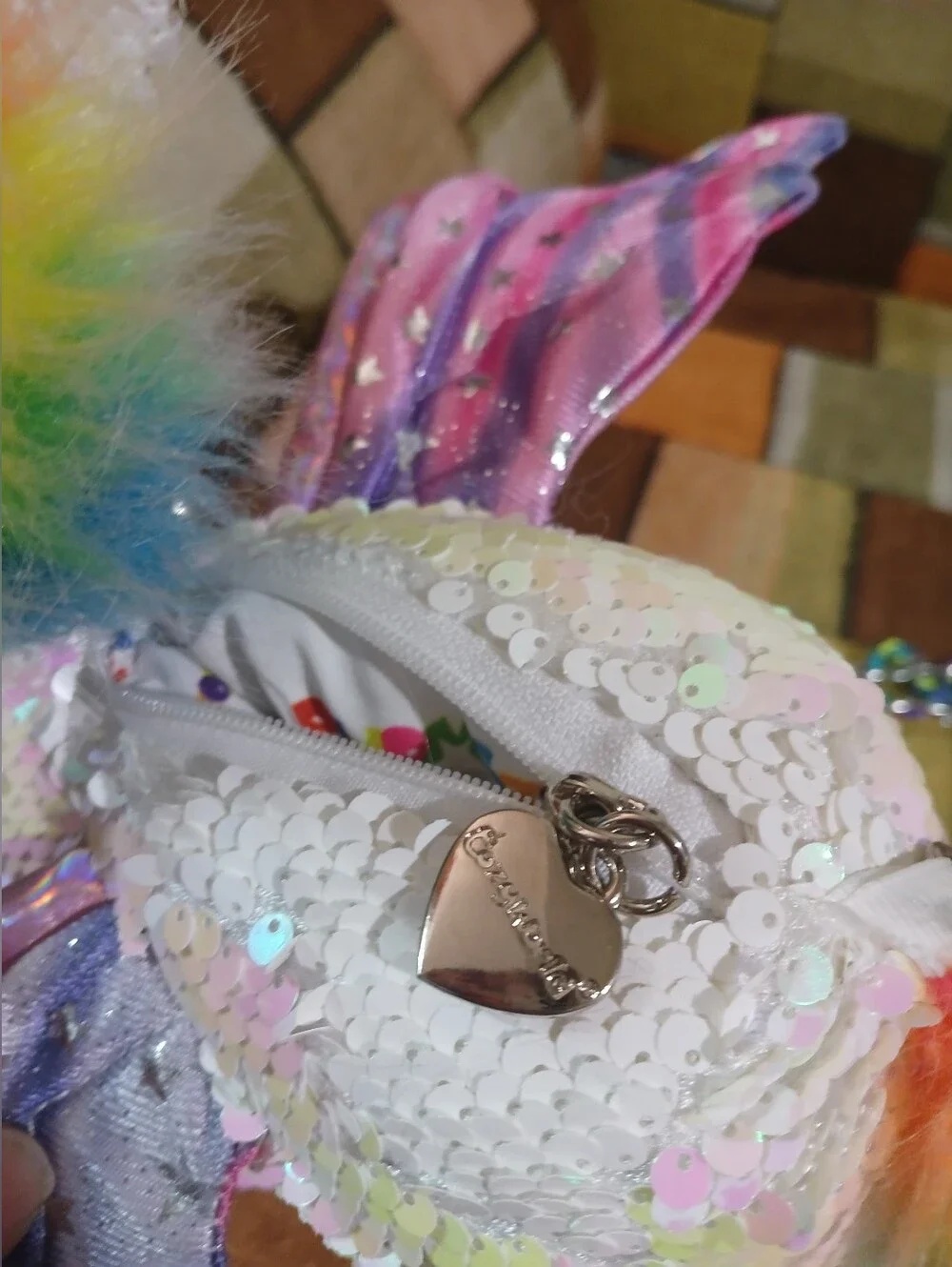 Sequin Rainbow Mane Unicorn Plush Crossbody Bag - White Rainbow